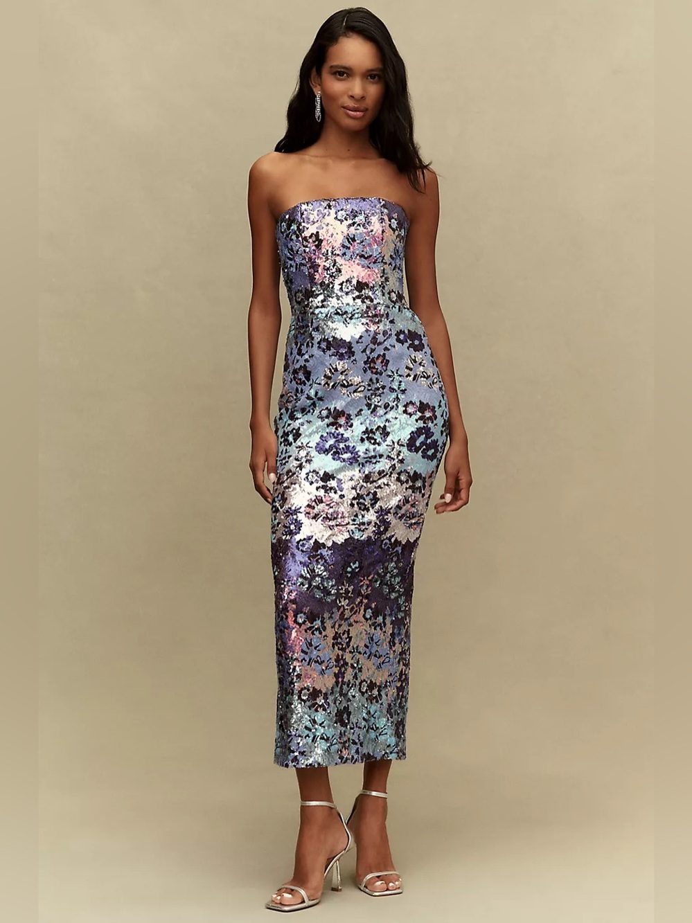 HELSI Leslie Strapless Blue Silver Floral Sequin Midi Dress  XS Preloved